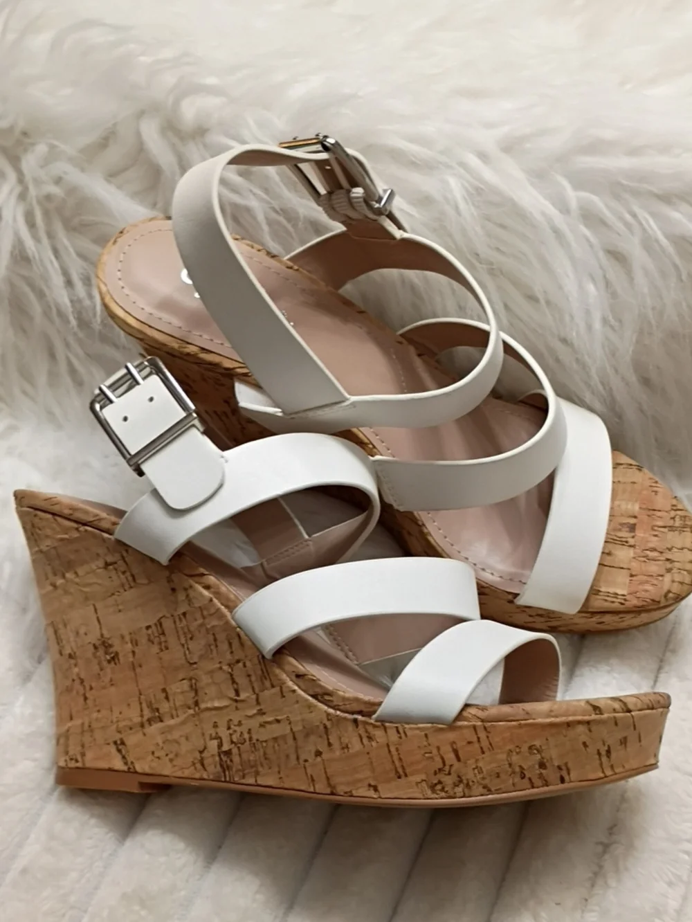 Charles By Charles Stanley Liber White Cork Wedge Sandals with Buckle Strap 7M
